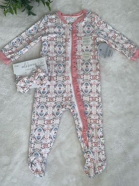 NWT Milkberry Pink Florals Ruffle Bamboo Footie Set 6-9M Headband